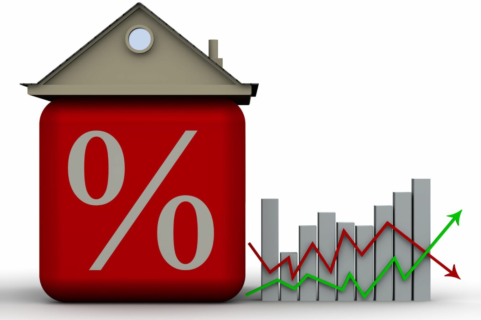a percentage button with a roof on top representing a home with graph lines going up and down next to it representing the mortgage interest rates